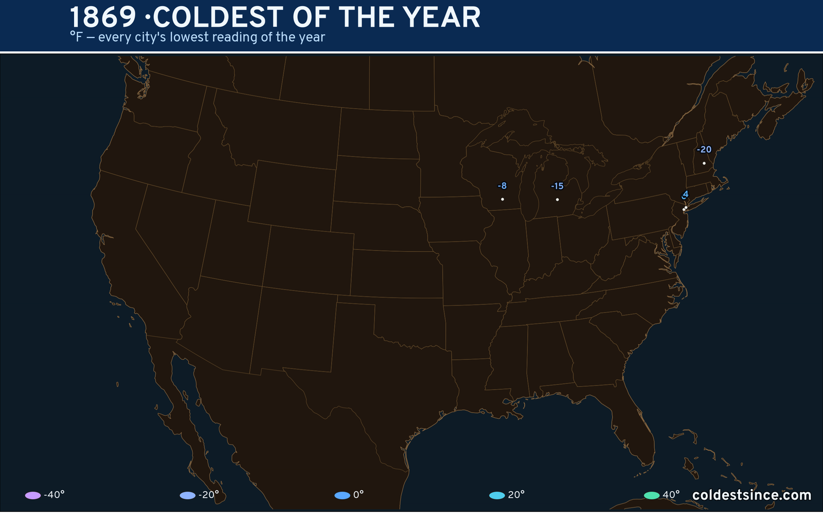 1869 — hottest and coldest temperature at each U.S. city