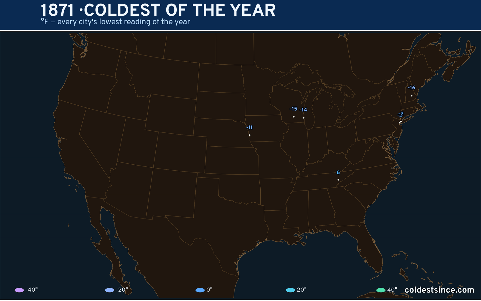 1871 — hottest and coldest temperature at each U.S. city