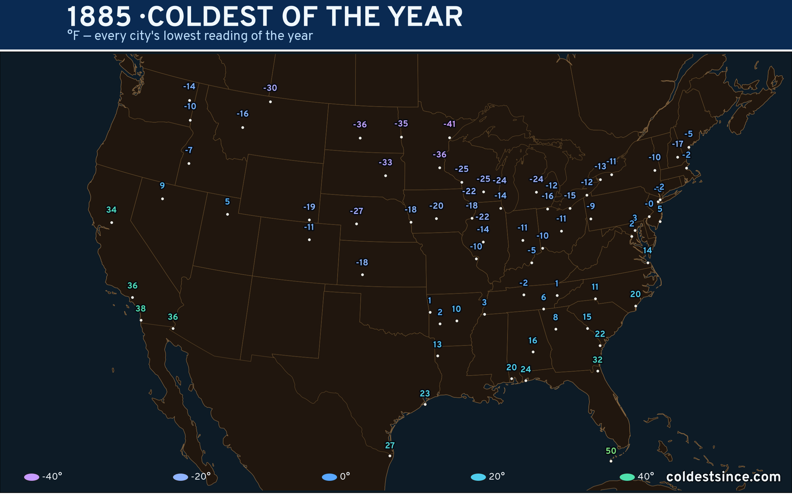 1885 — hottest and coldest temperature at each U.S. city