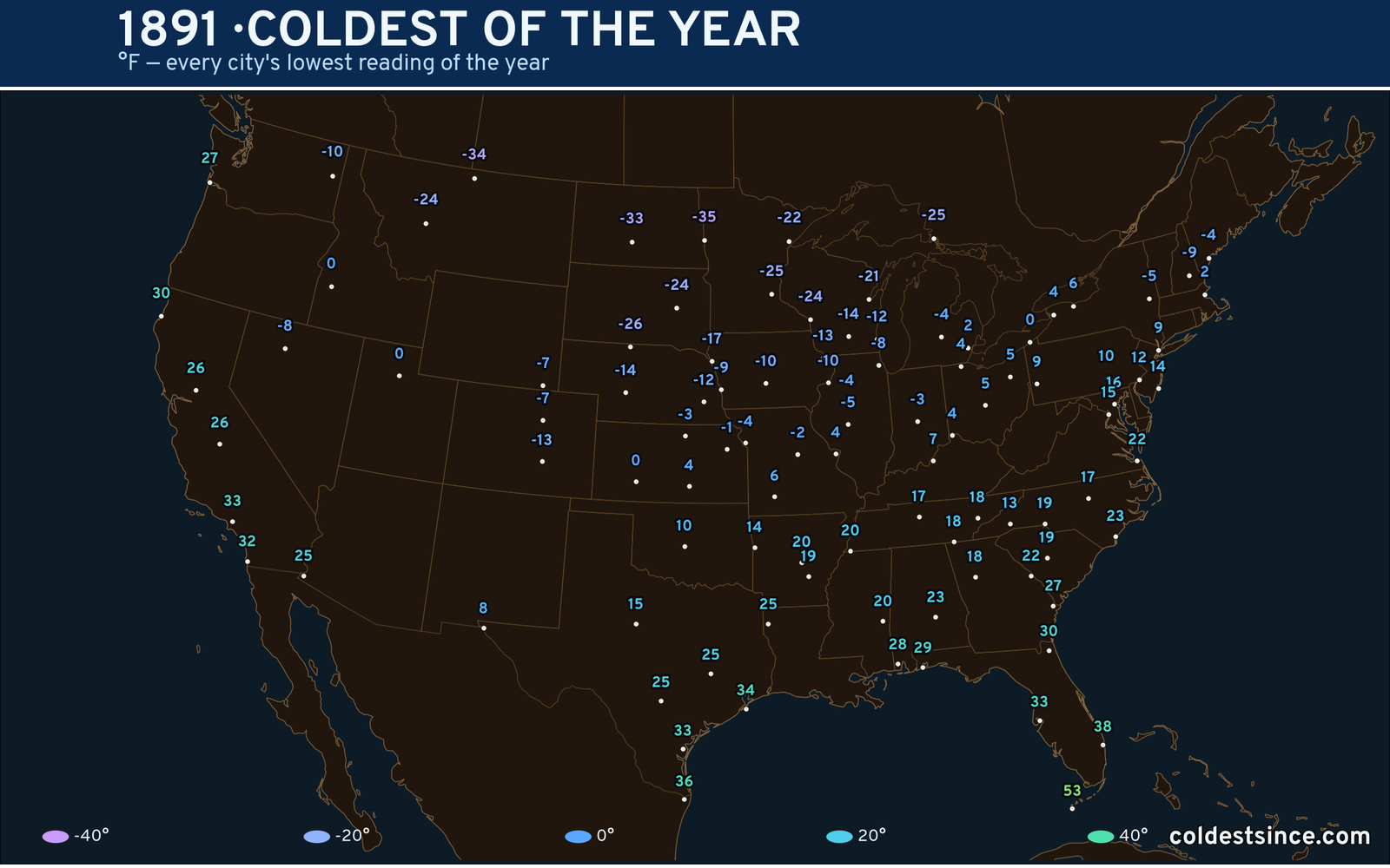 1891 — hottest and coldest temperature at each U.S. city
