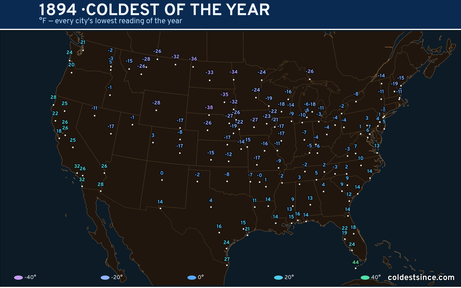 1894 — hottest and coldest temperature at each U.S. city