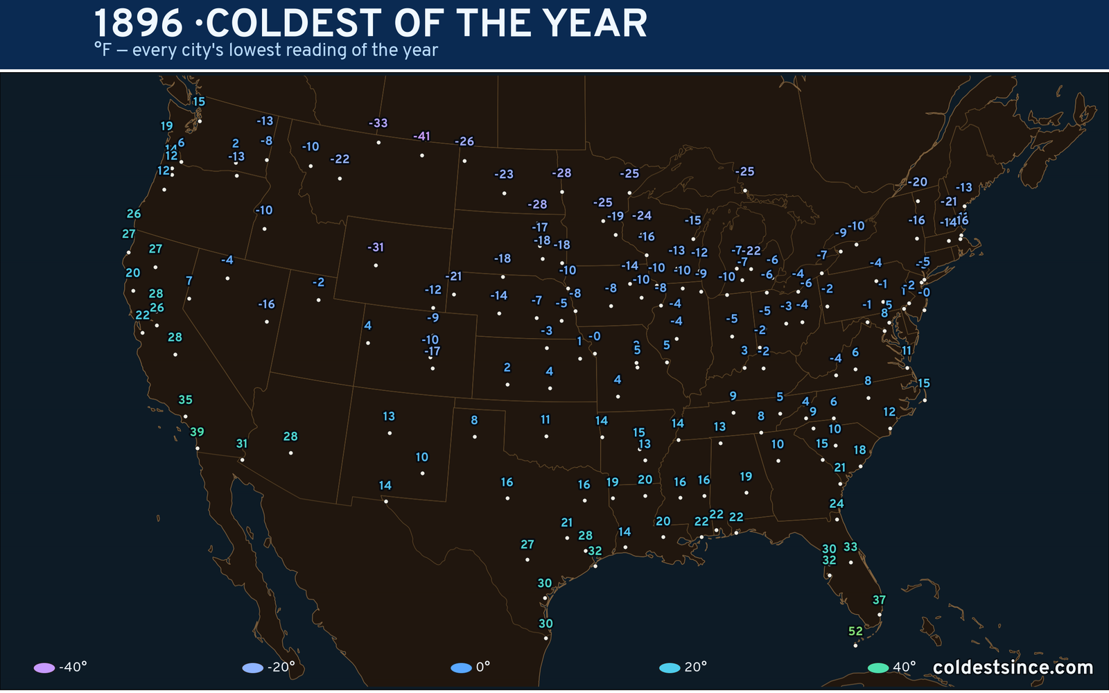 1896 — hottest and coldest temperature at each U.S. city