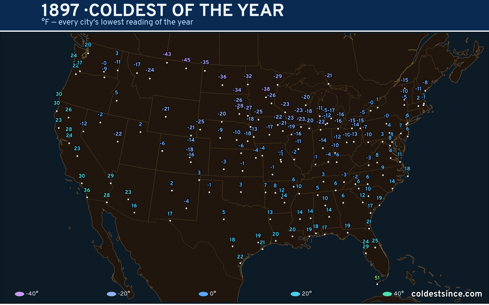 1897 — hottest and coldest temperature at each U.S. city