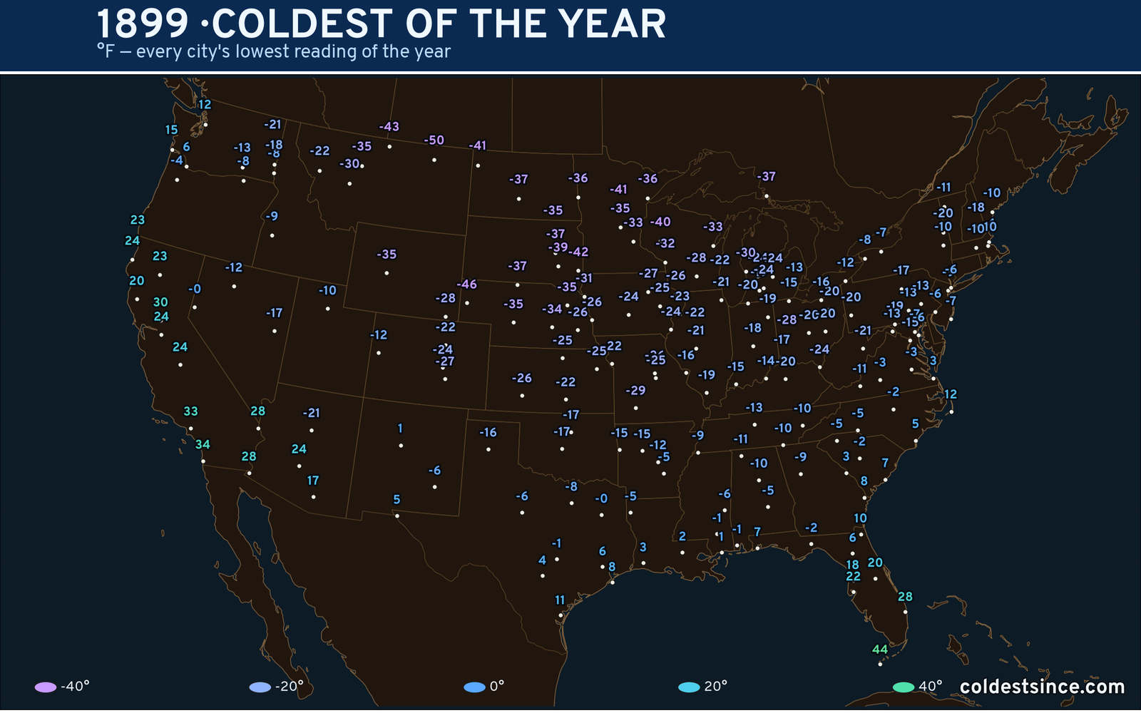 1899 — hottest and coldest temperature at each U.S. city
