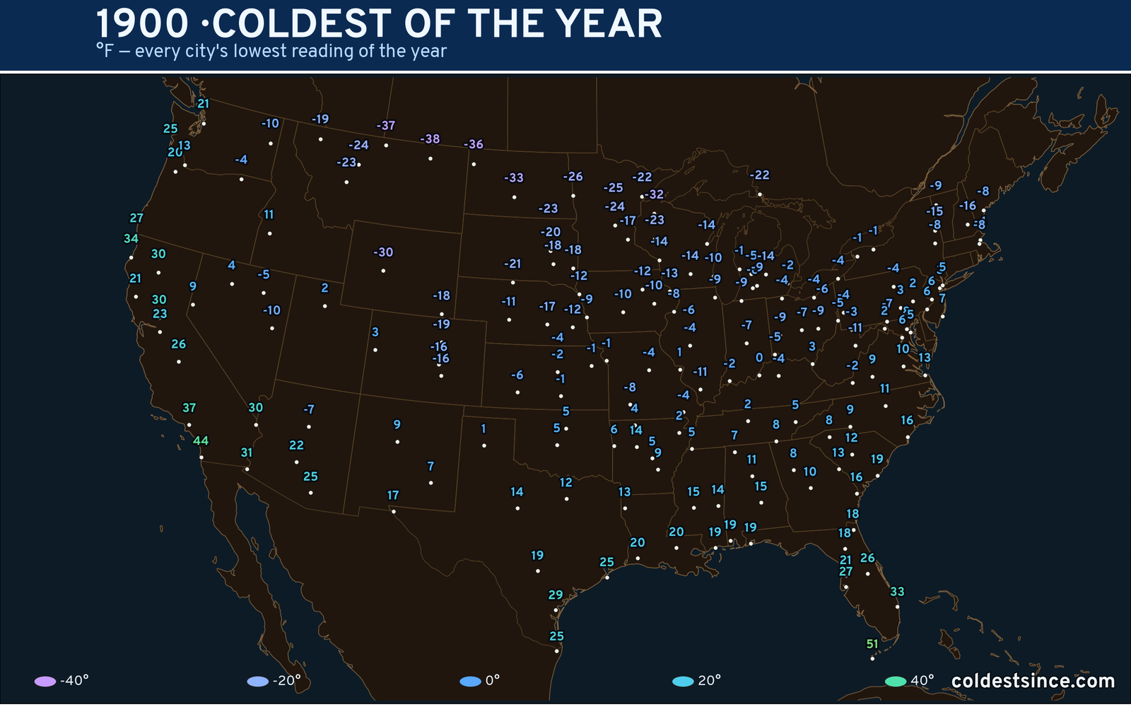 1900 — hottest and coldest temperature at each U.S. city