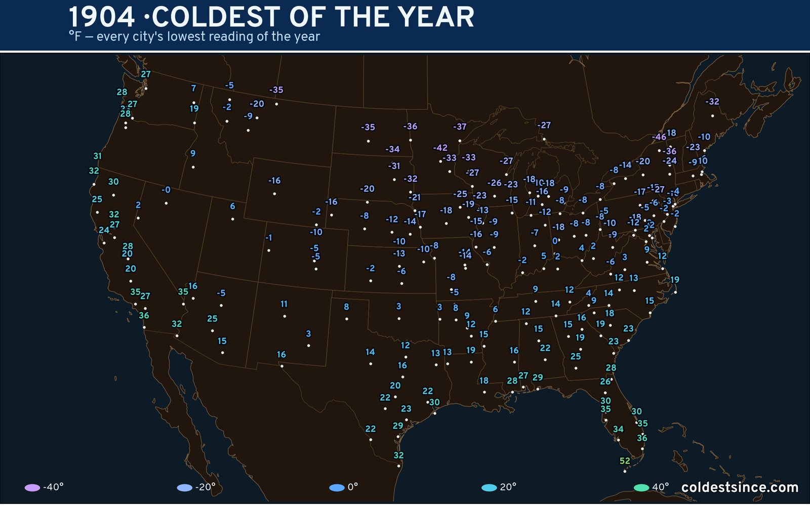 1904 — hottest and coldest temperature at each U.S. city