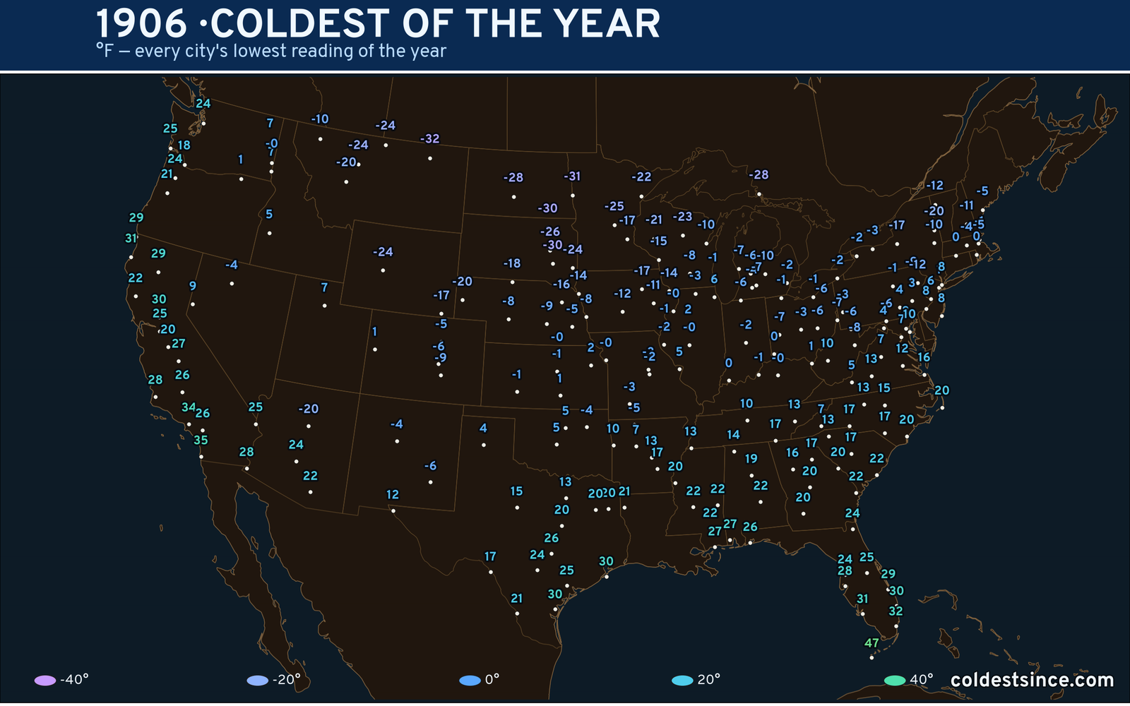 1906 — hottest and coldest temperature at each U.S. city