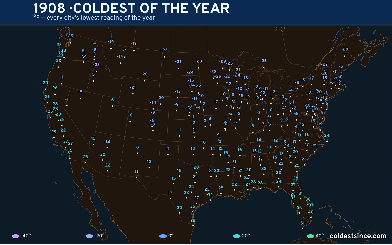 1908 — hottest and coldest temperature at each U.S. city