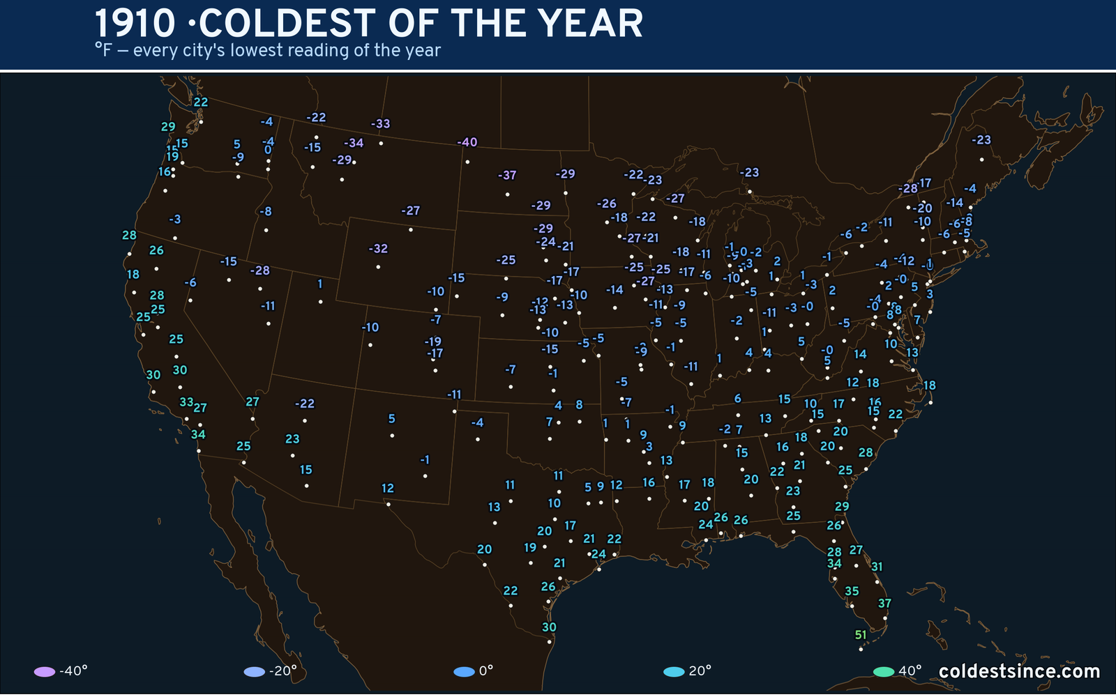 1910 — hottest and coldest temperature at each U.S. city