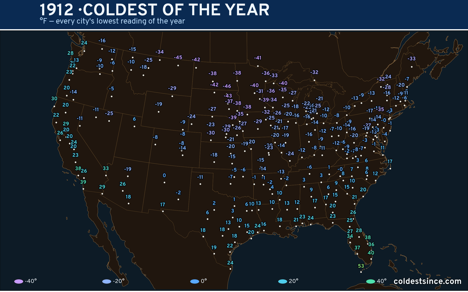 1912 — hottest and coldest temperature at each U.S. city