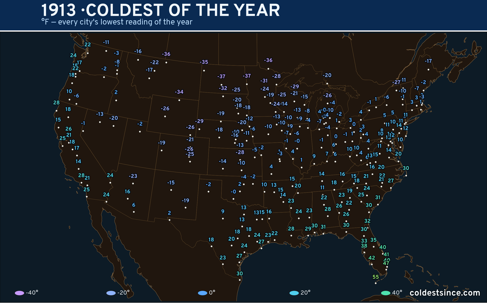 1913 — hottest and coldest temperature at each U.S. city