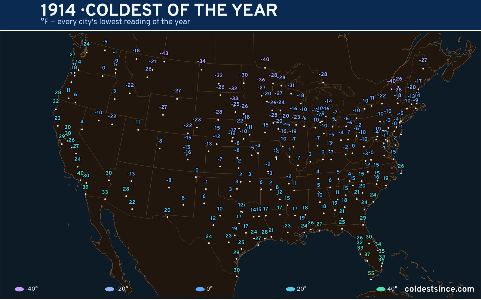 1914 — hottest and coldest temperature at each U.S. city