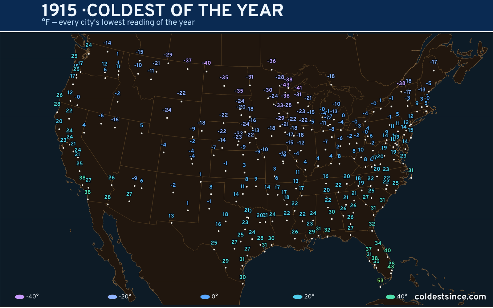 1915 — hottest and coldest temperature at each U.S. city