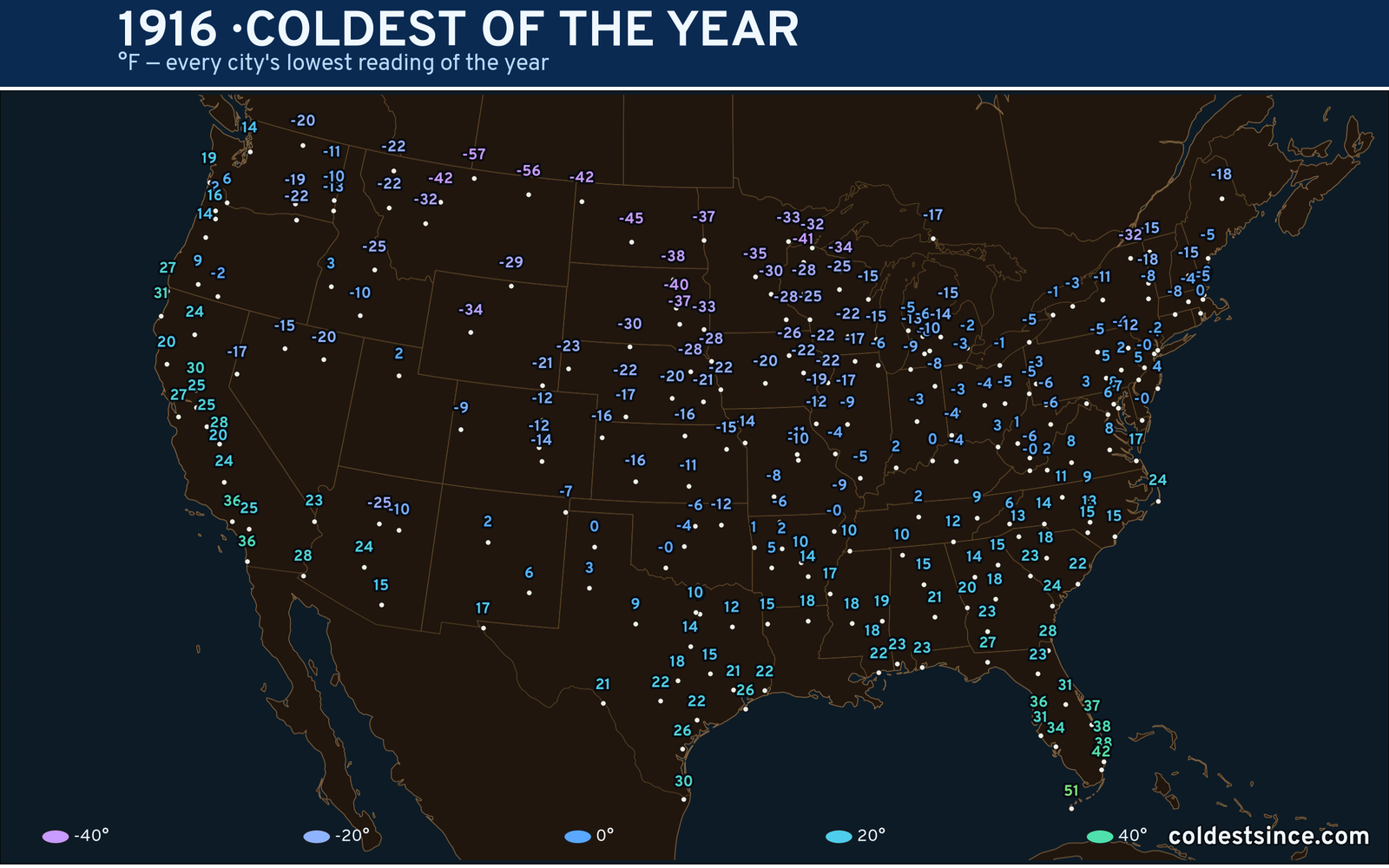 1916 — hottest and coldest temperature at each U.S. city