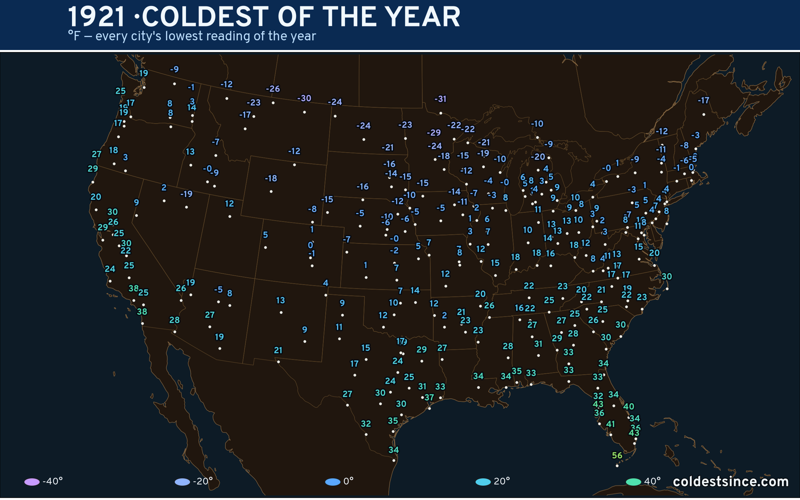 1921 — hottest and coldest temperature at each U.S. city