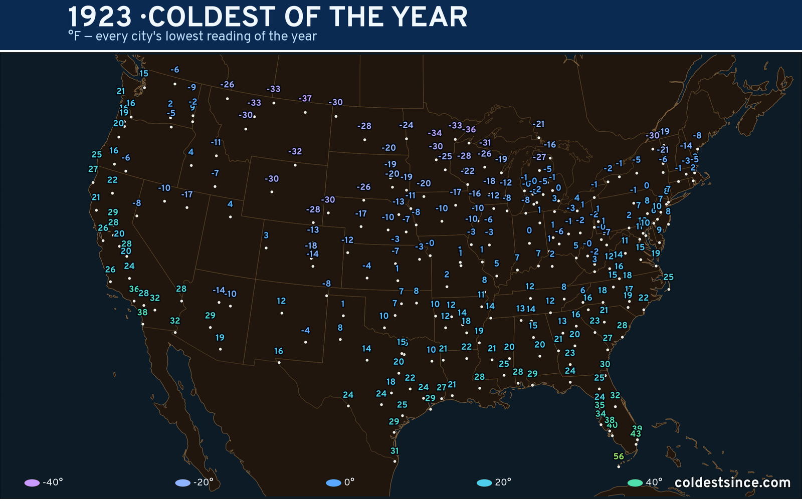 1923 — hottest and coldest temperature at each U.S. city