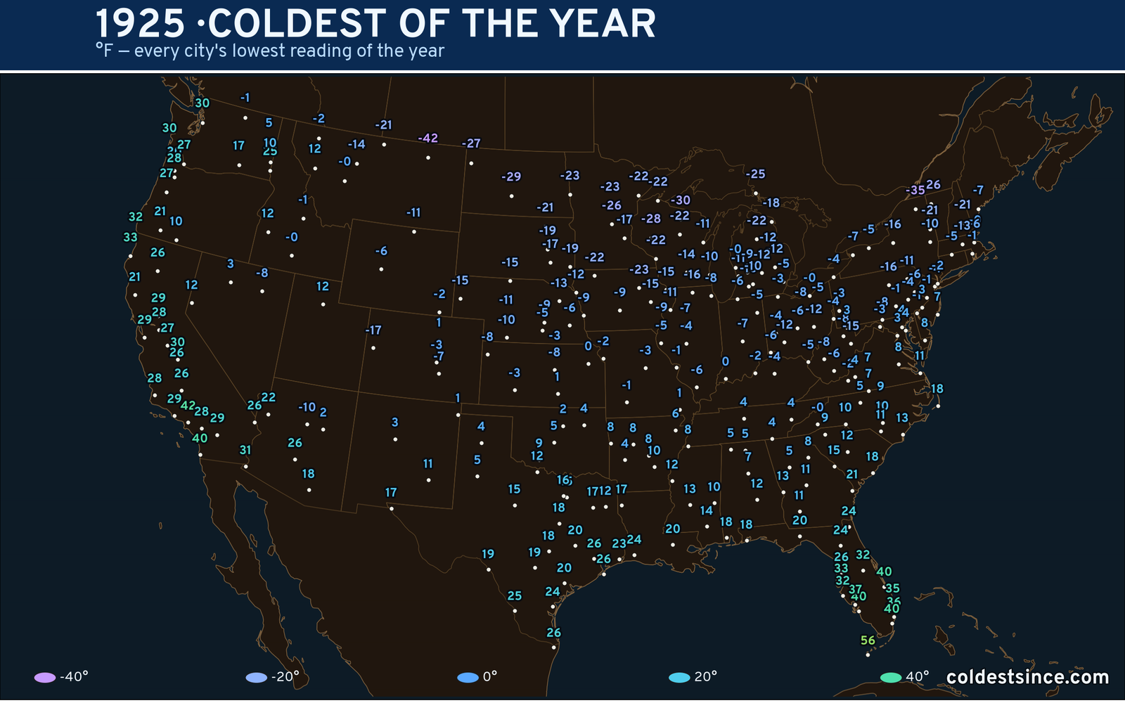 1925 — hottest and coldest temperature at each U.S. city