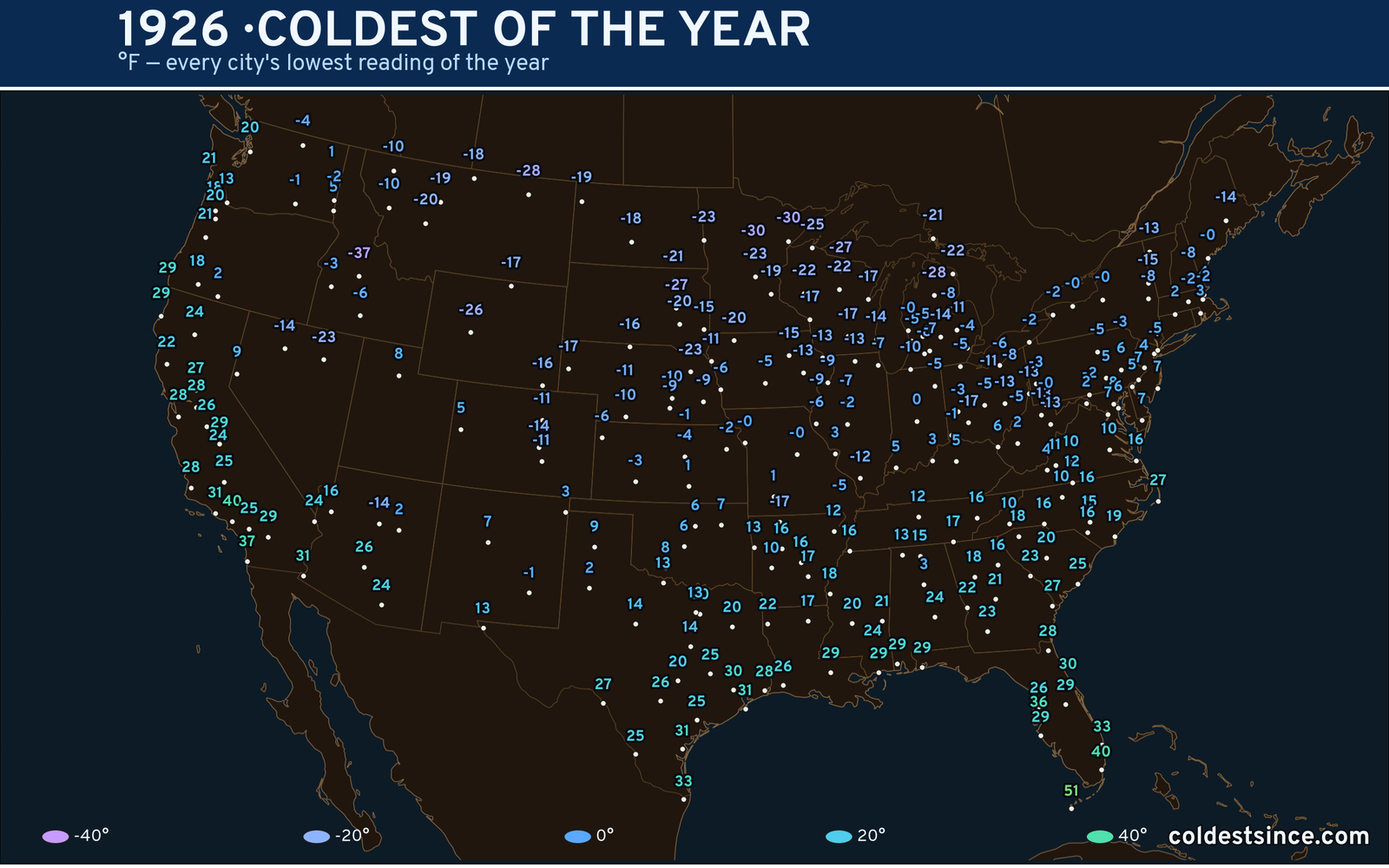 1926 — hottest and coldest temperature at each U.S. city