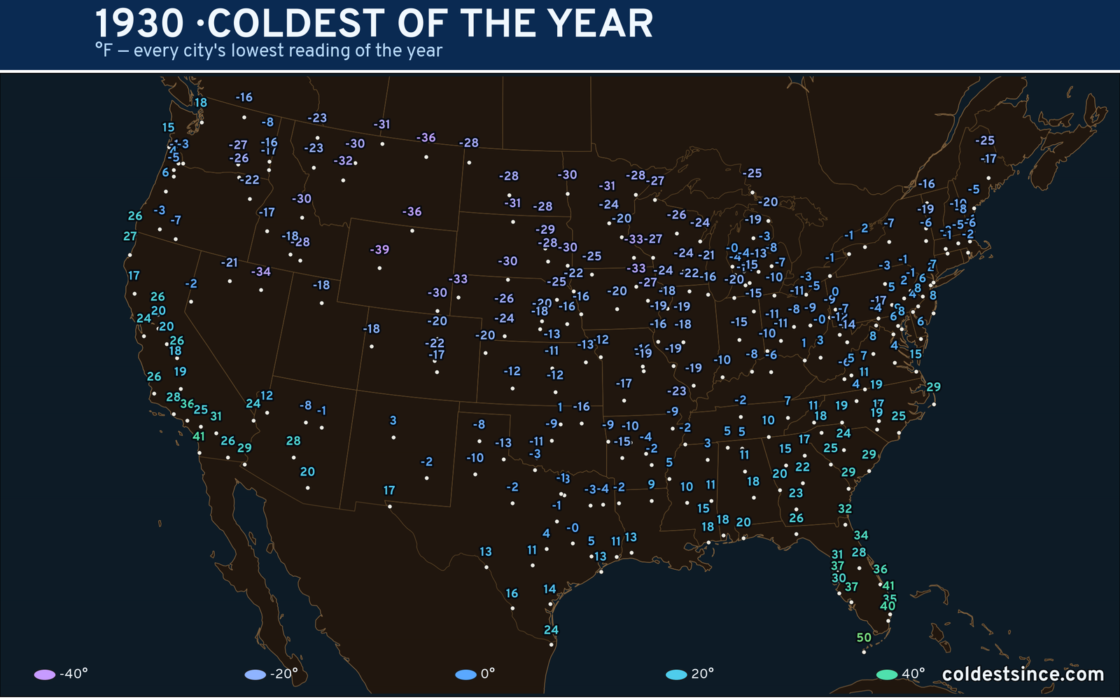 1930 — hottest and coldest temperature at each U.S. city