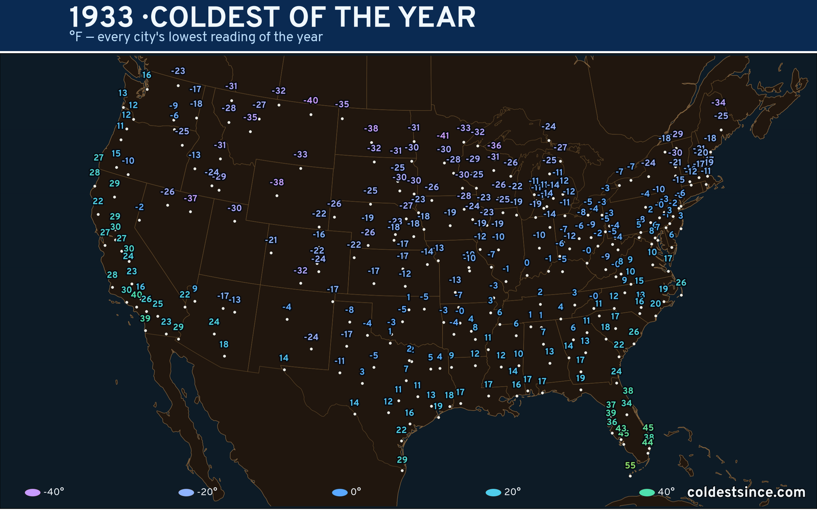 1933 — hottest and coldest temperature at each U.S. city