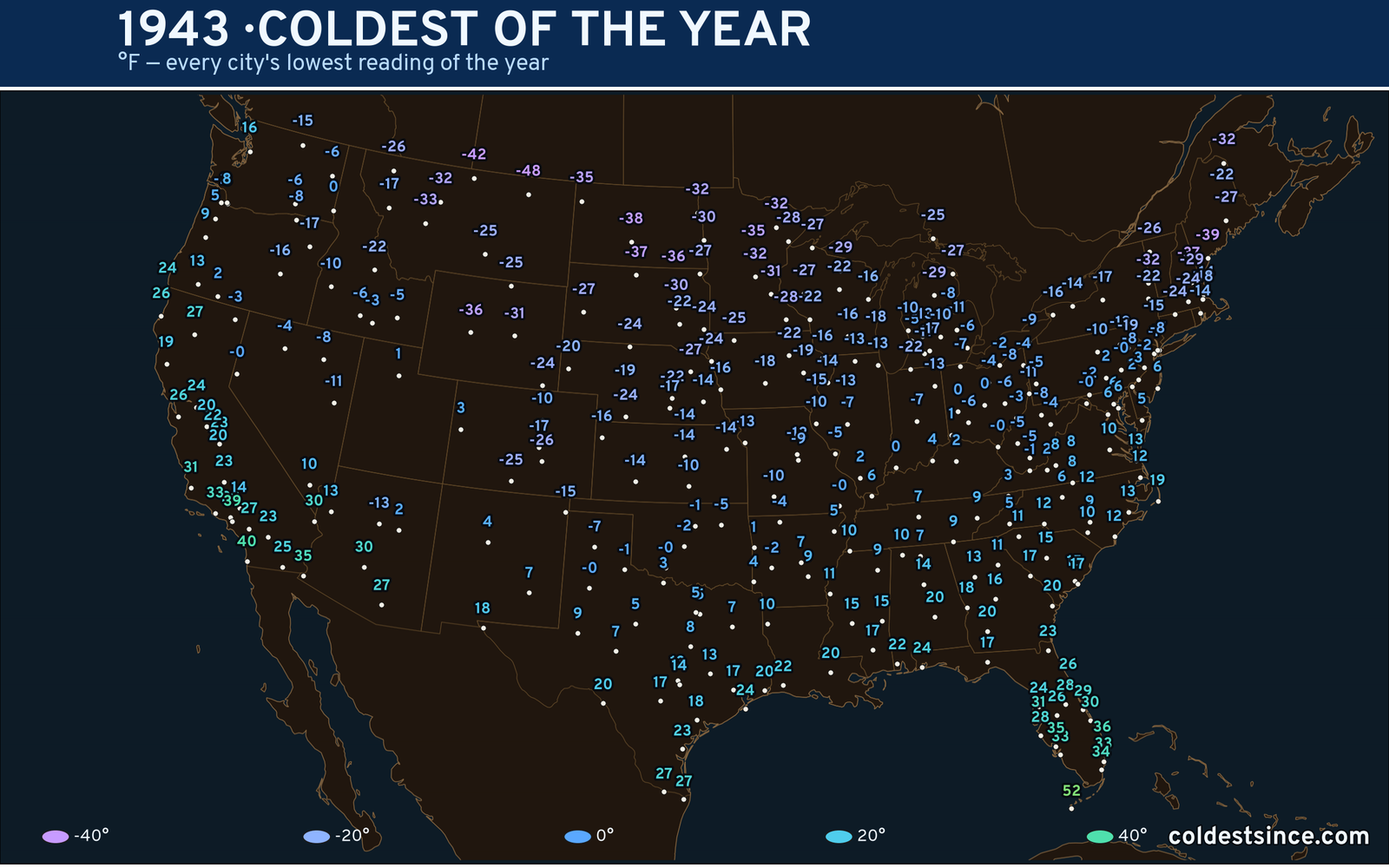 1943 — hottest and coldest temperature at each U.S. city
