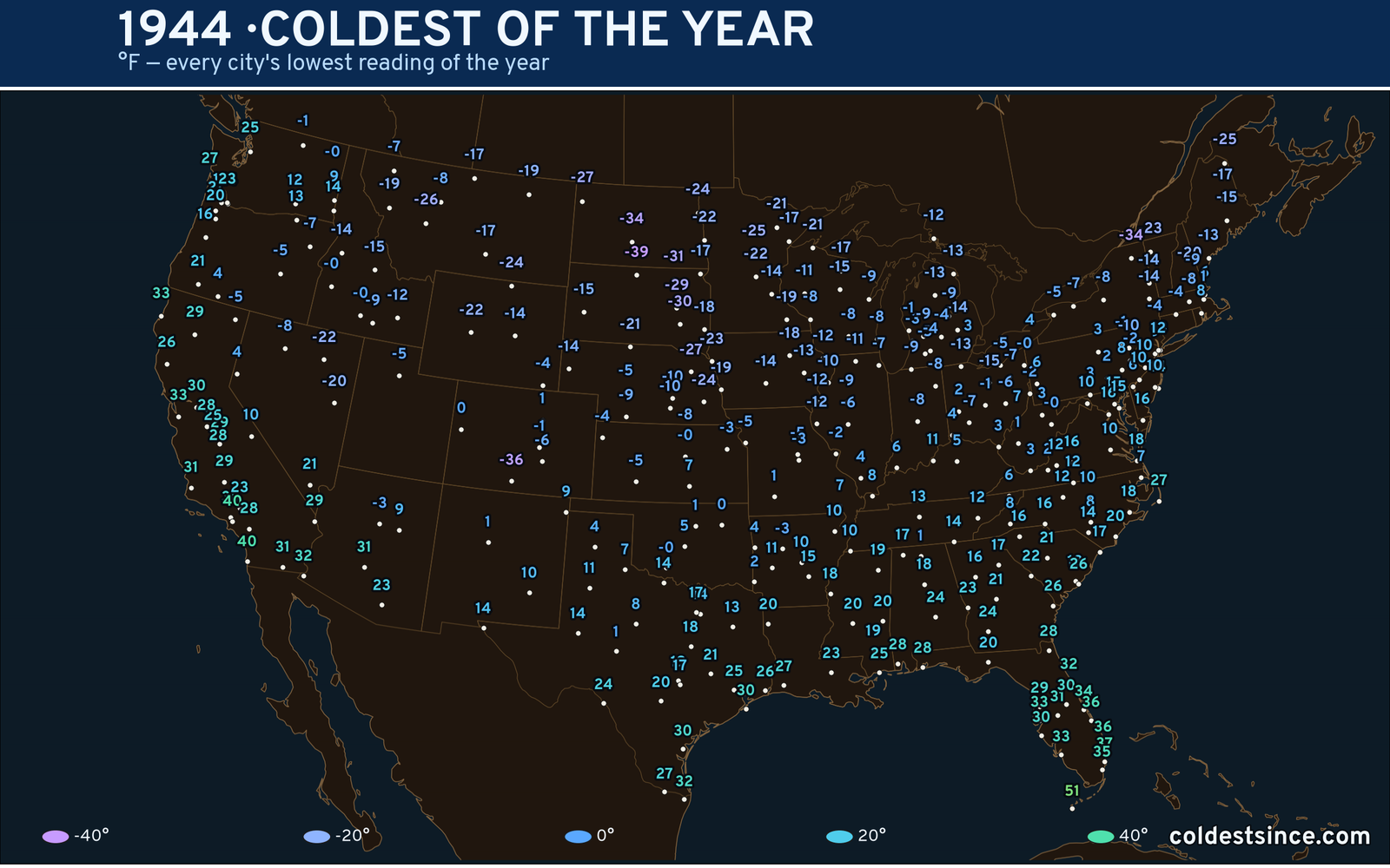 1944 — hottest and coldest temperature at each U.S. city