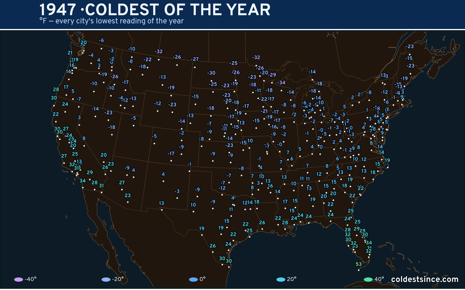 1947 — hottest and coldest temperature at each U.S. city