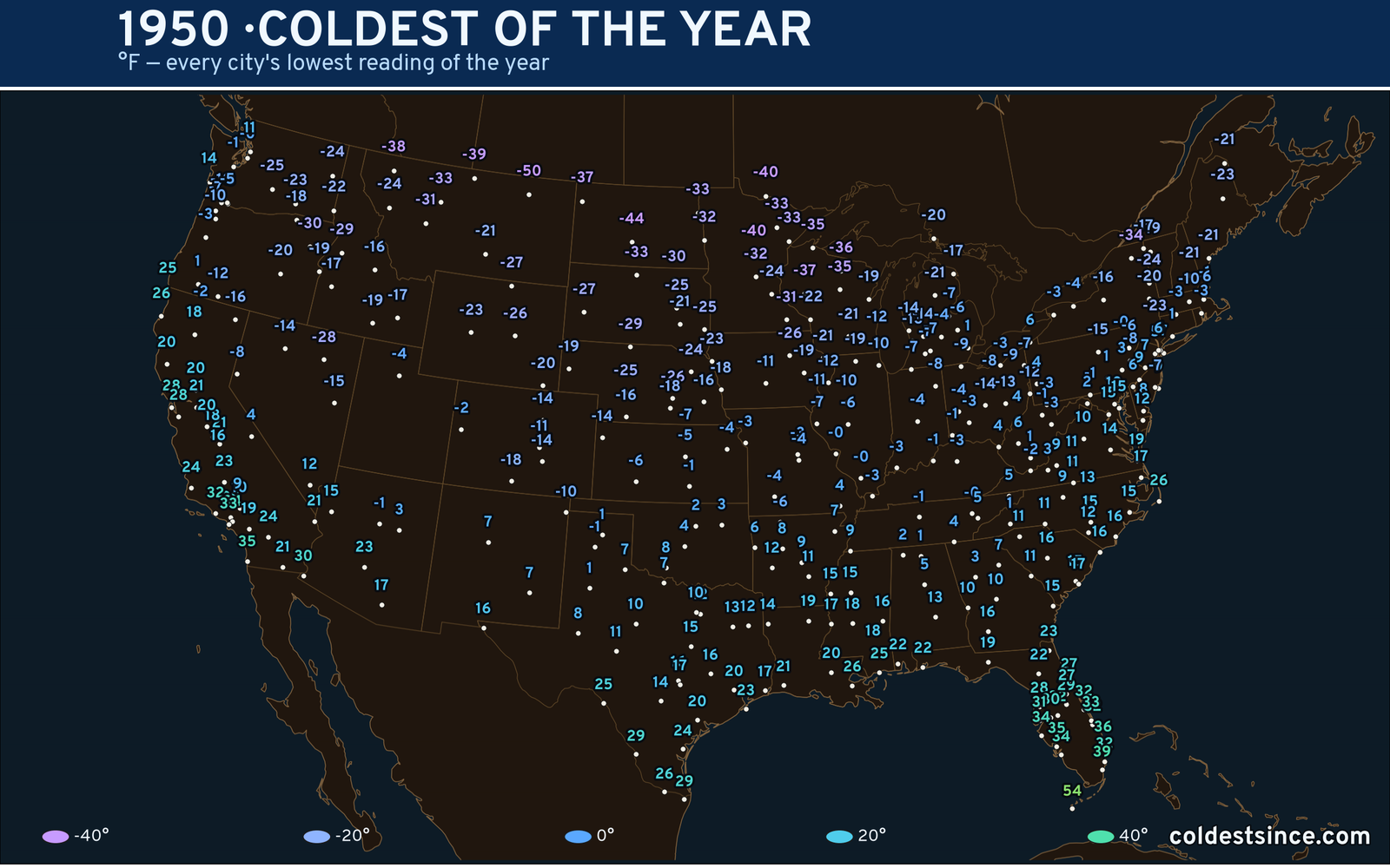 1950 — hottest and coldest temperature at each U.S. city