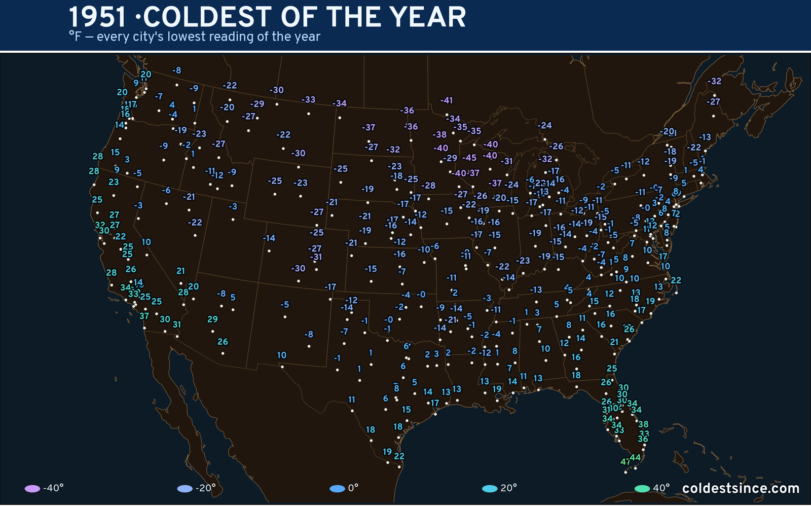 1951 — hottest and coldest temperature at each U.S. city