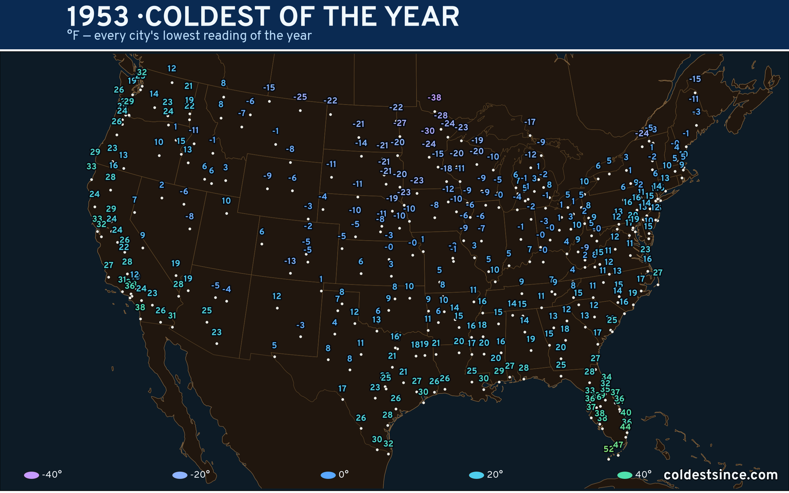 1953 — hottest and coldest temperature at each U.S. city
