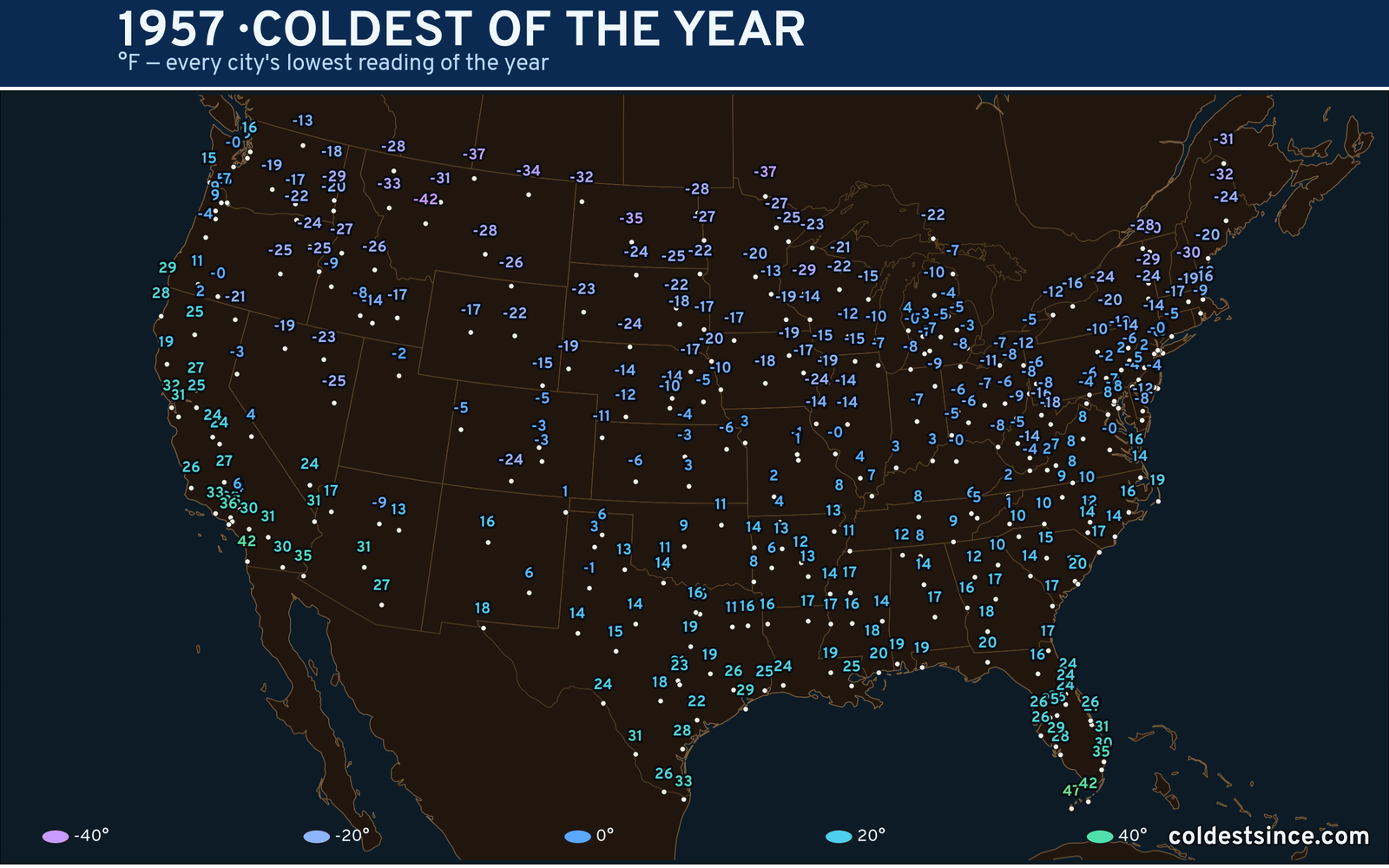 1957 — hottest and coldest temperature at each U.S. city