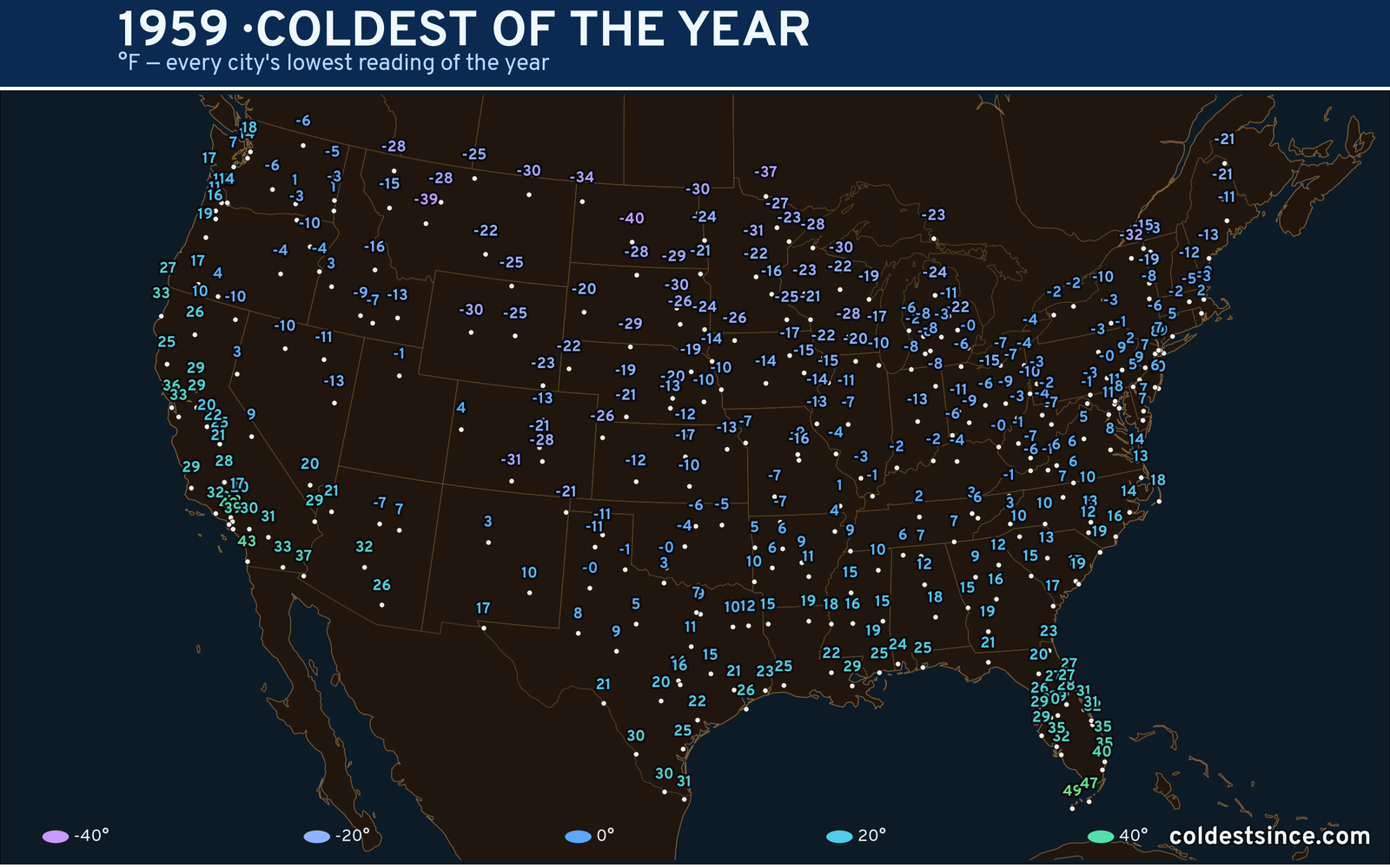 1959 — hottest and coldest temperature at each U.S. city