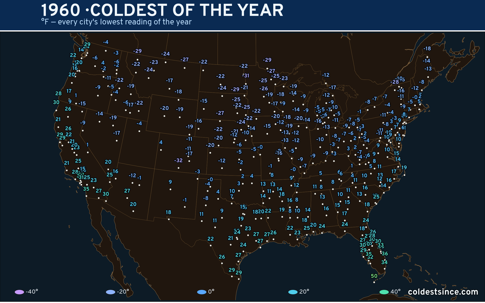 1960 — hottest and coldest temperature at each U.S. city