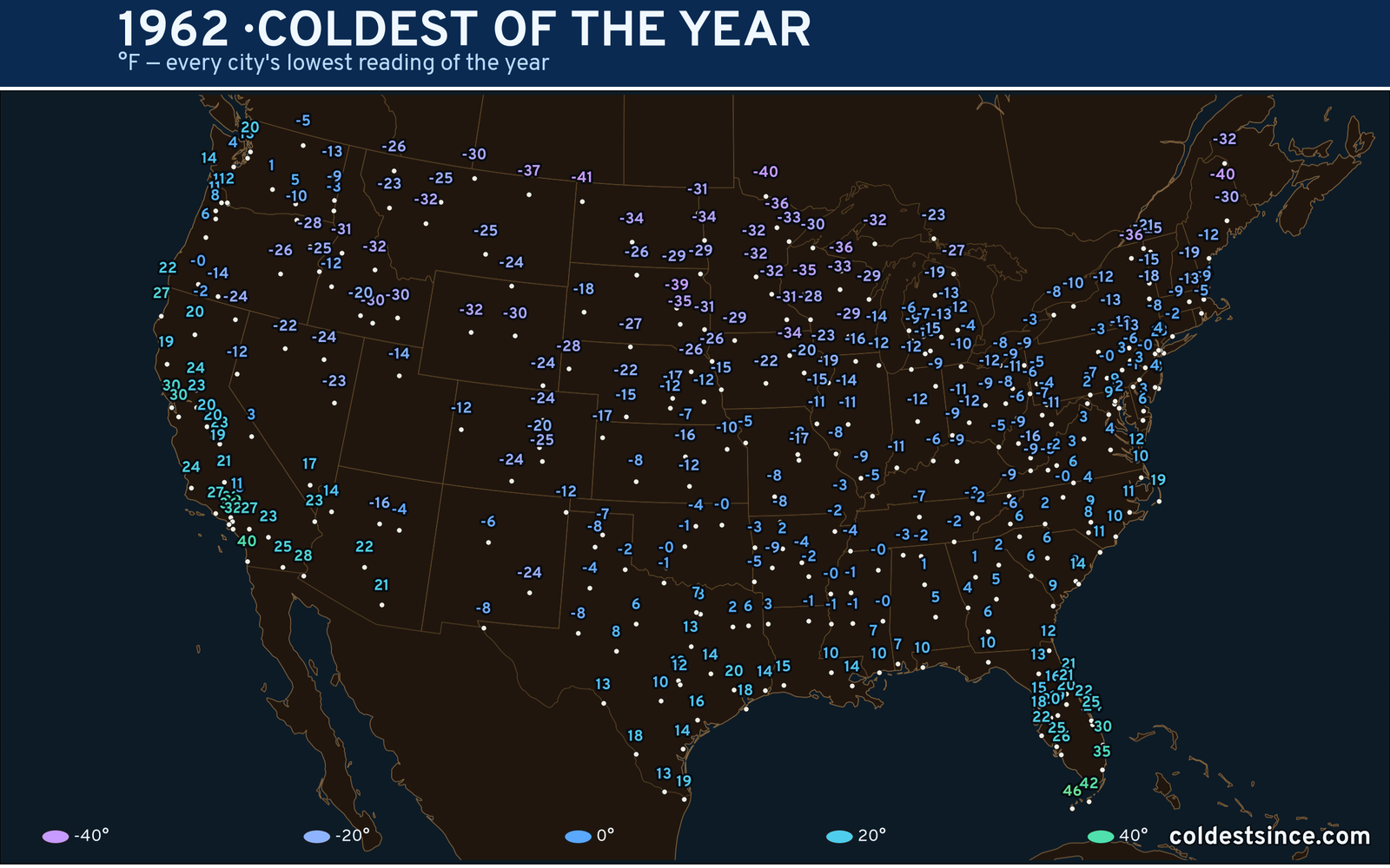 1962 — hottest and coldest temperature at each U.S. city