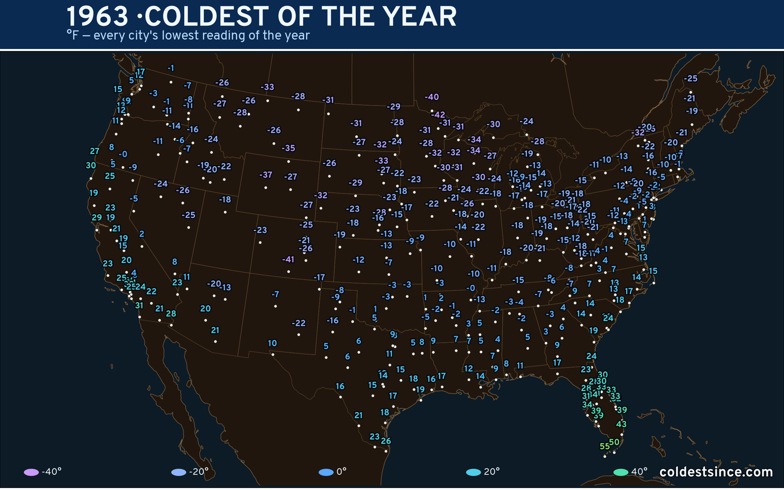 1963 — hottest and coldest temperature at each U.S. city