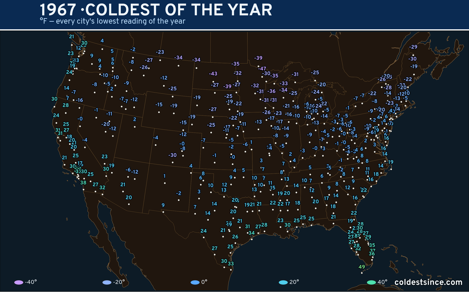 1967 — hottest and coldest temperature at each U.S. city