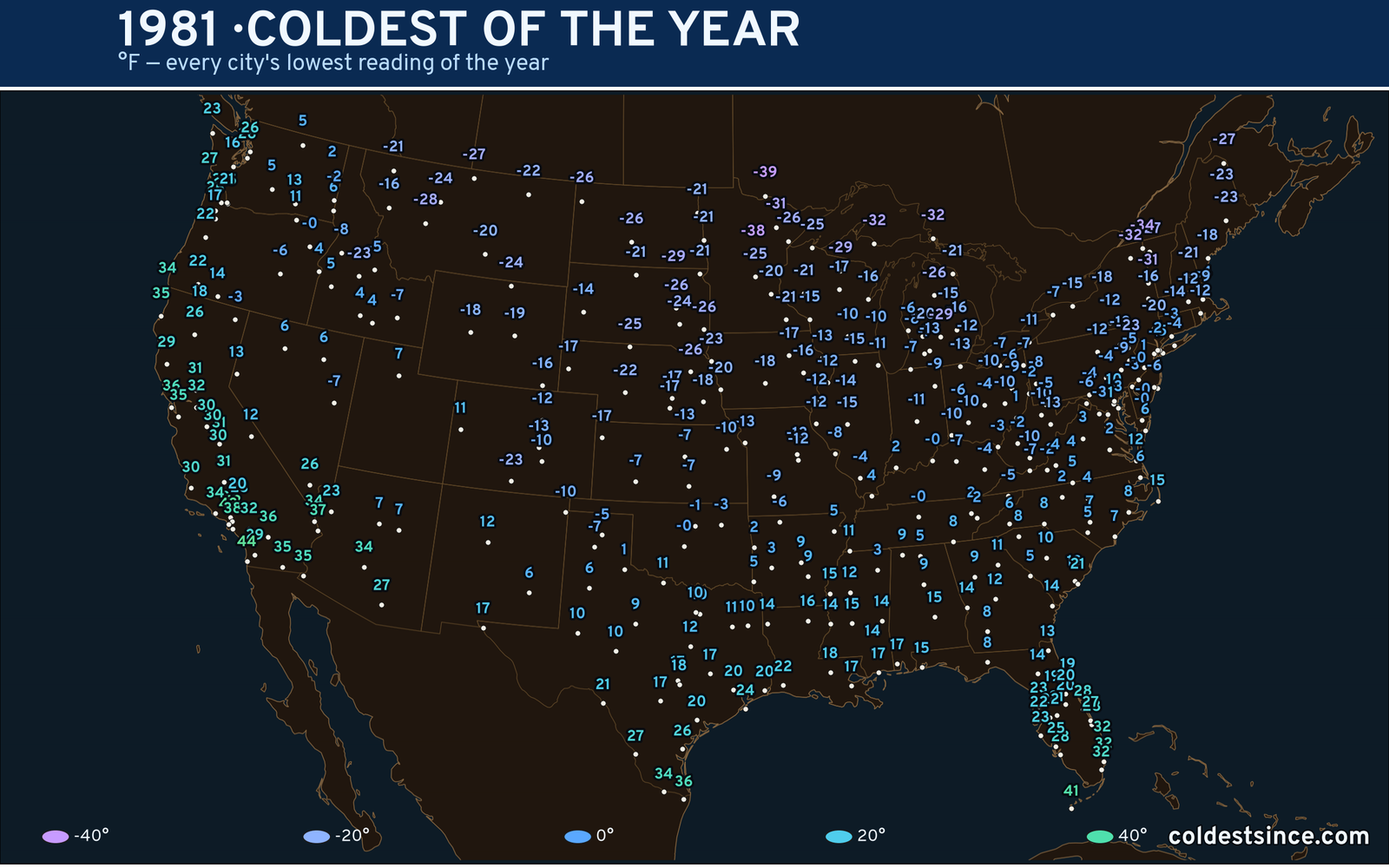 1981 — hottest and coldest temperature at each U.S. city