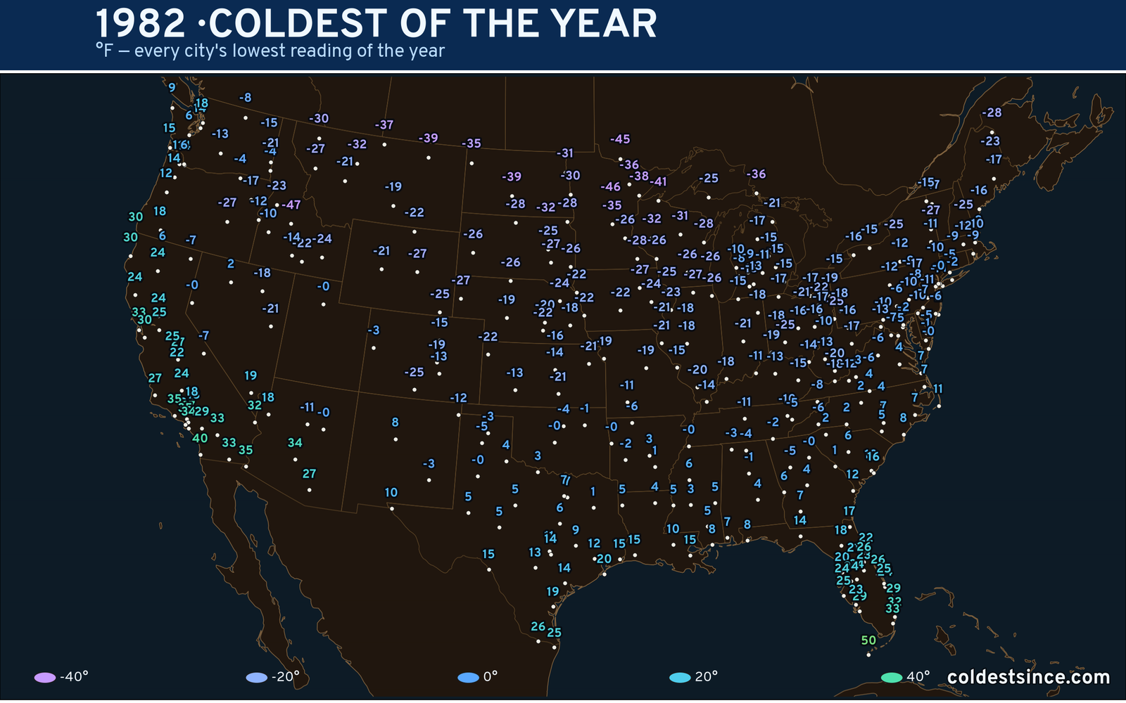 1982 — hottest and coldest temperature at each U.S. city