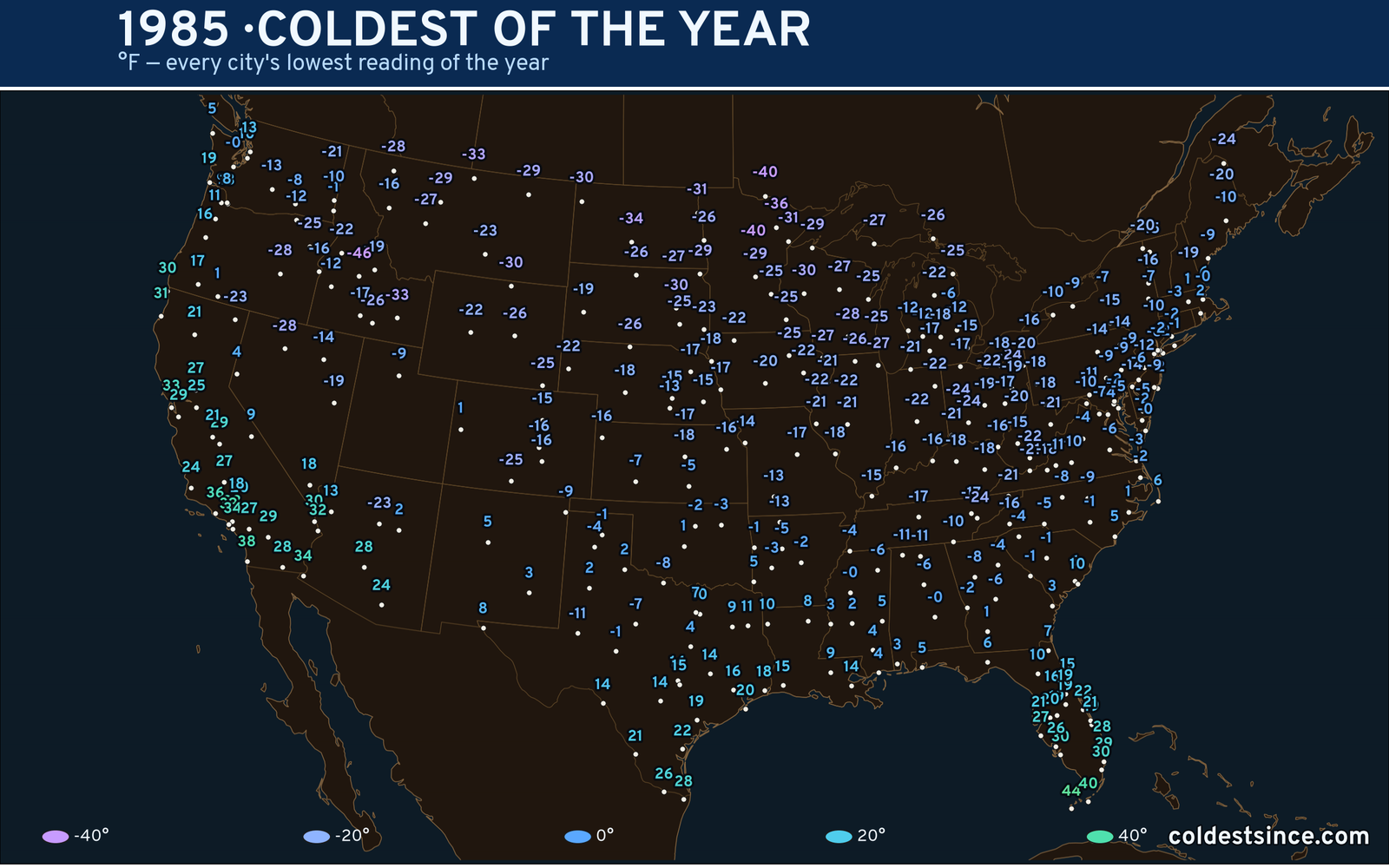 1985 — hottest and coldest temperature at each U.S. city