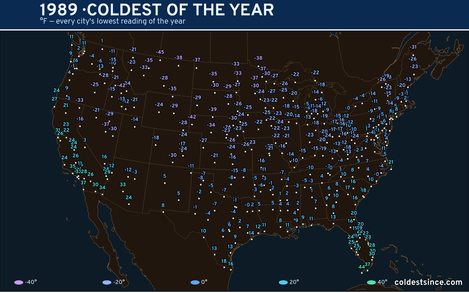 1989 — hottest and coldest temperature at each U.S. city