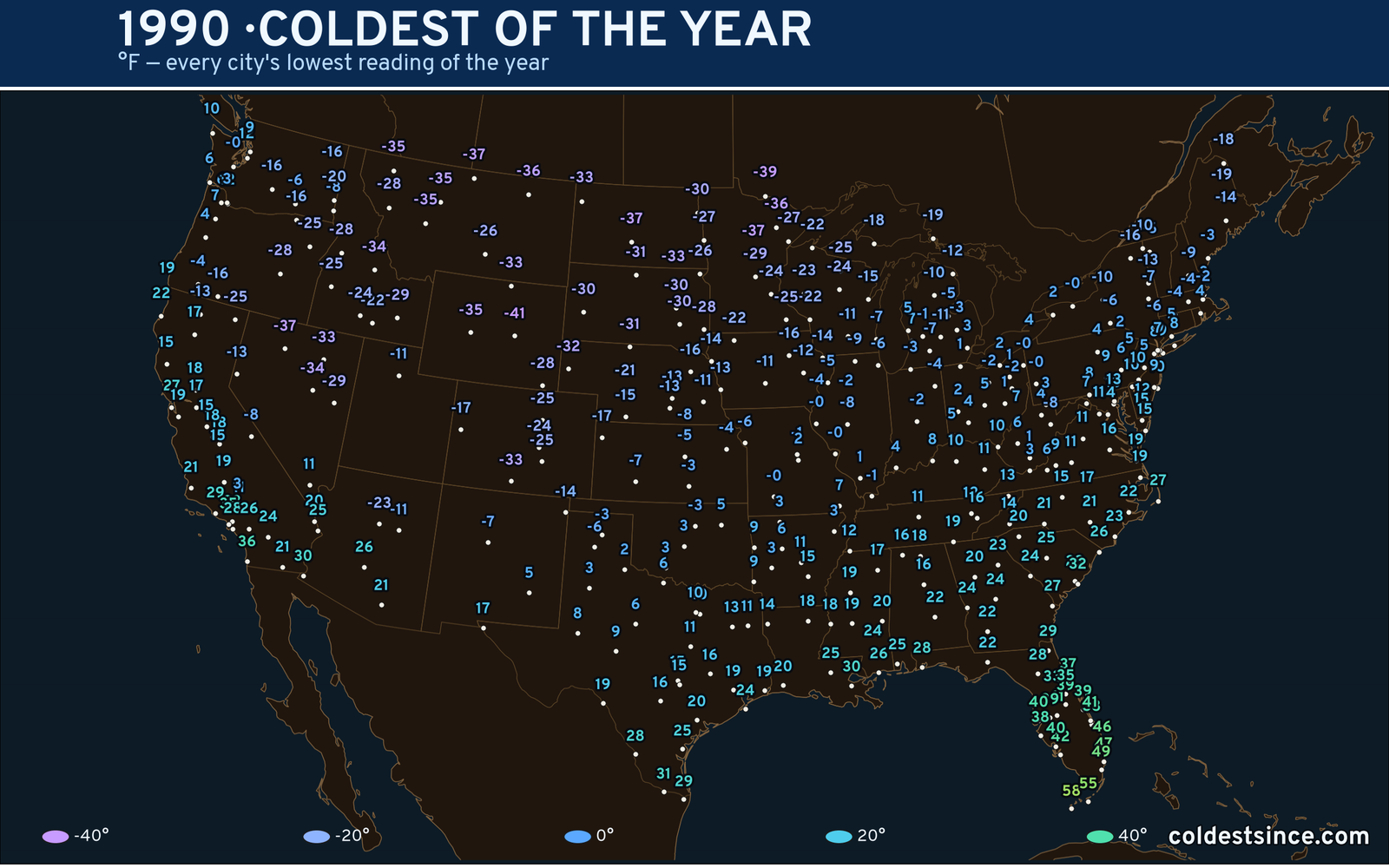 1990 — hottest and coldest temperature at each U.S. city