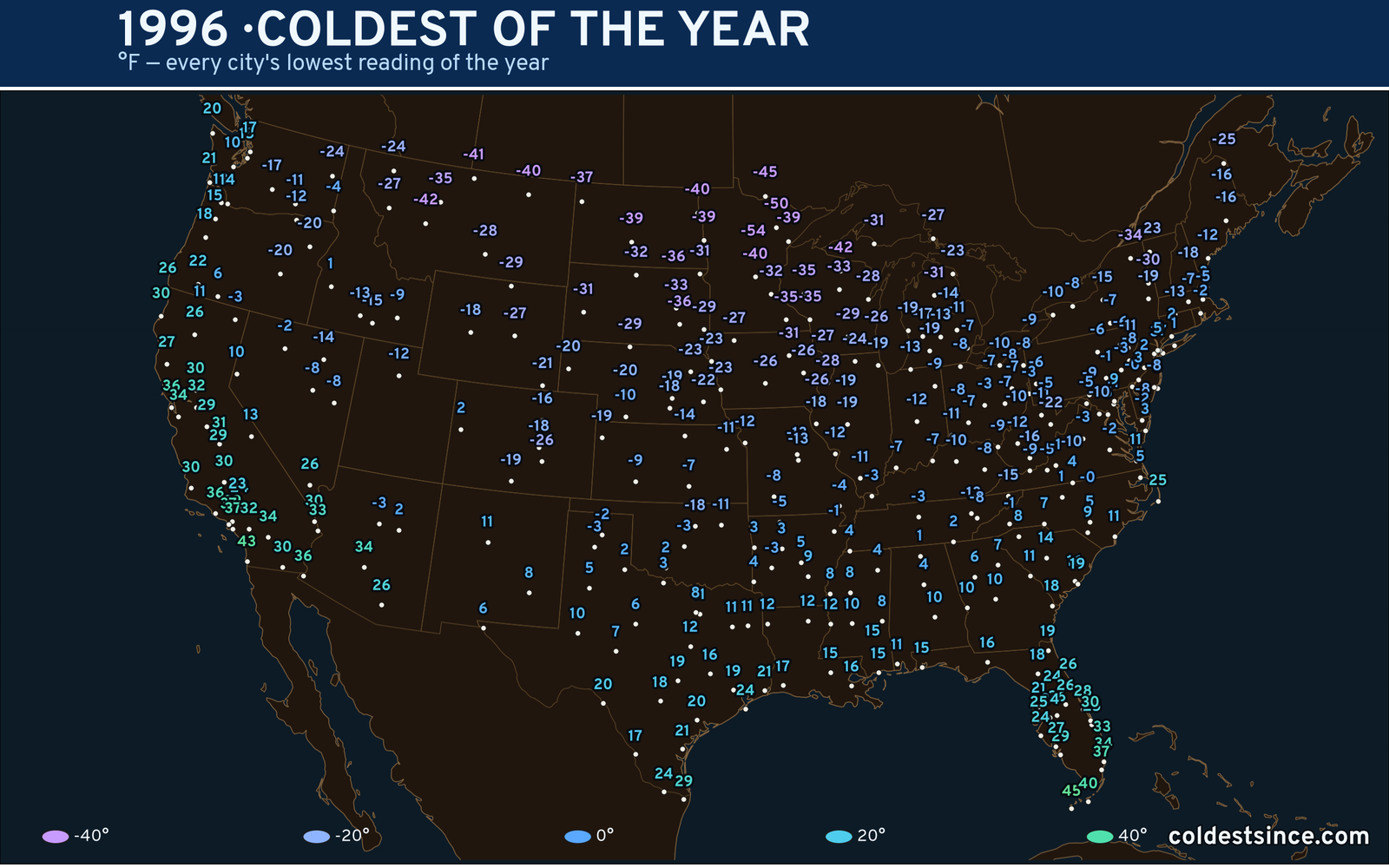 1996 — hottest and coldest temperature at each U.S. city