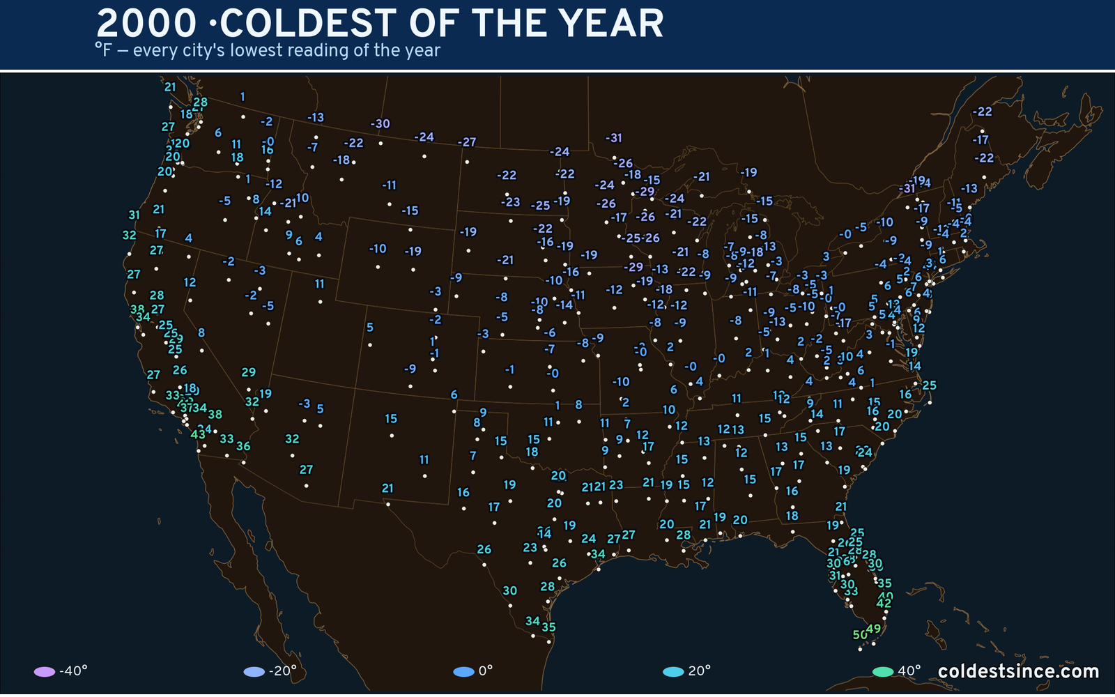 2000 — hottest and coldest temperature at each U.S. city