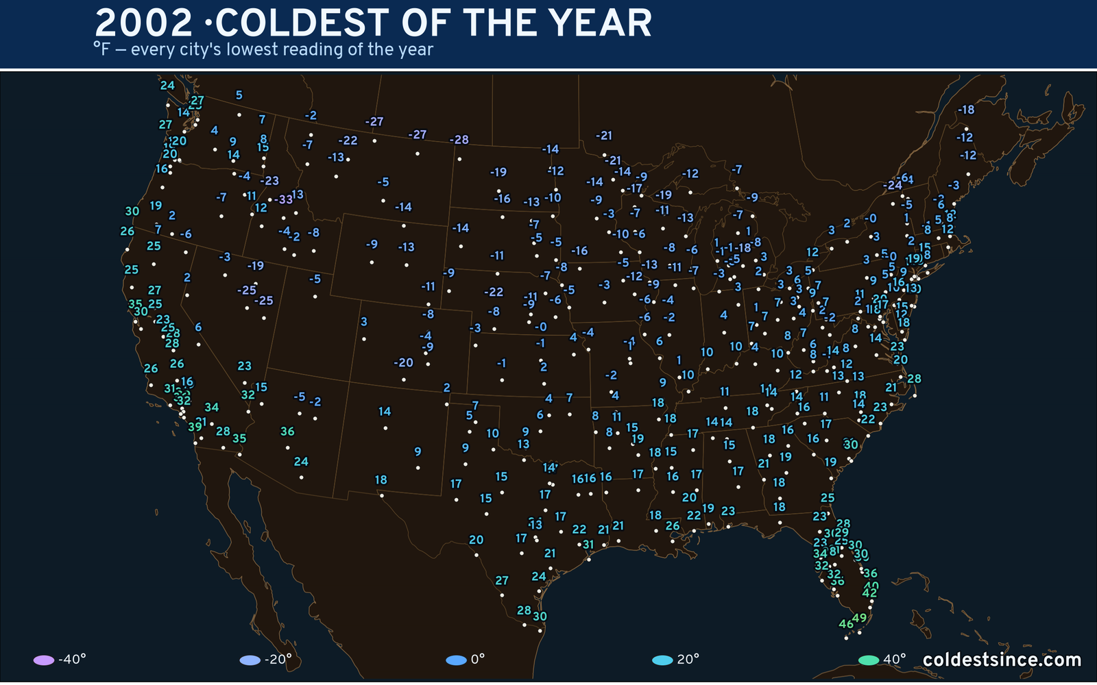 2002 — hottest and coldest temperature at each U.S. city