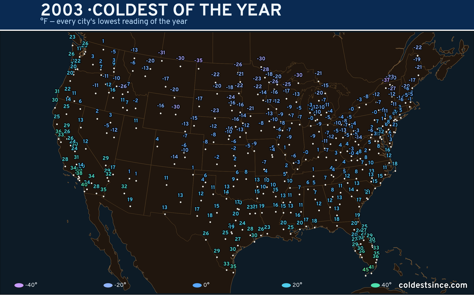 2003 — hottest and coldest temperature at each U.S. city