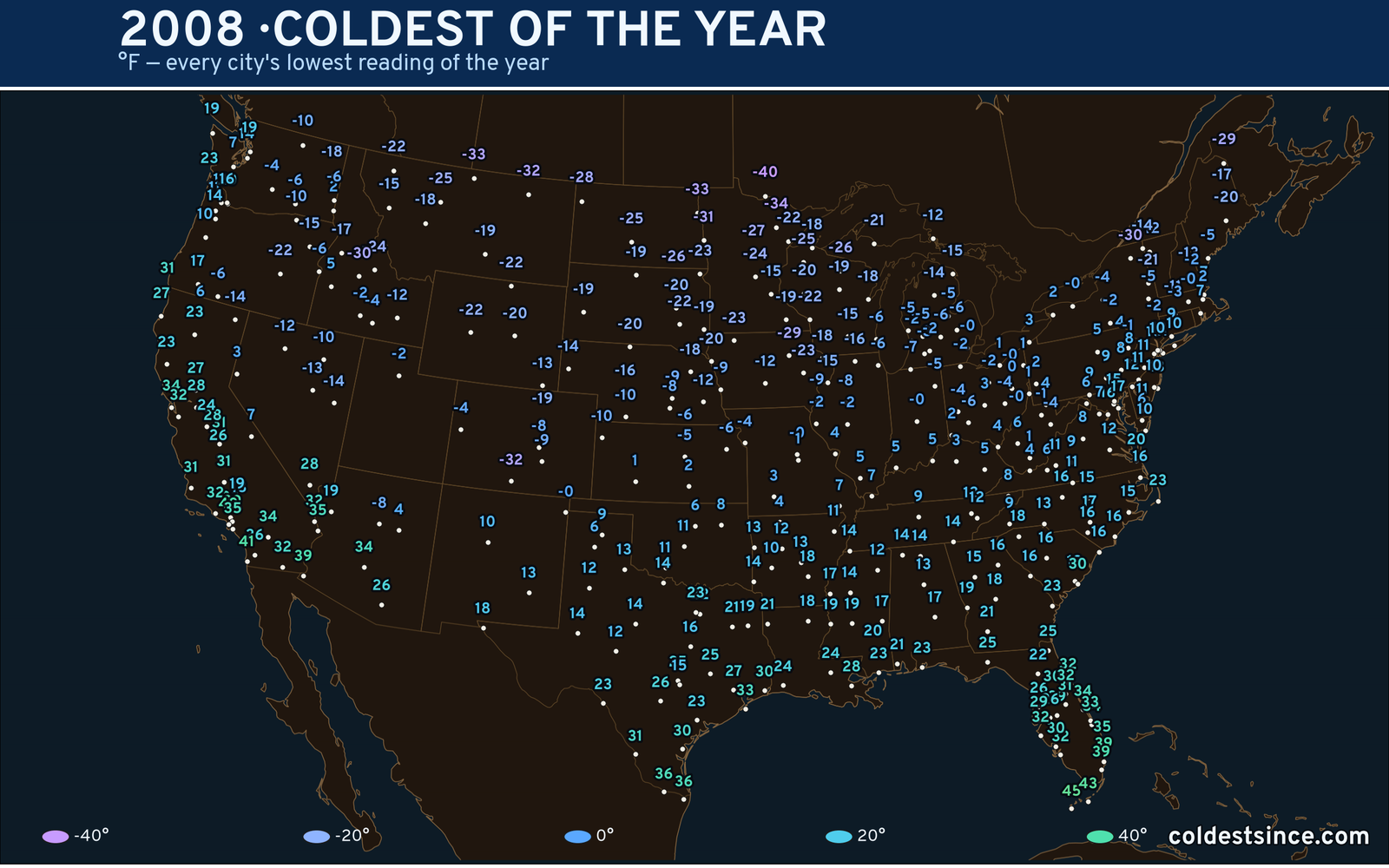 2008 — hottest and coldest temperature at each U.S. city