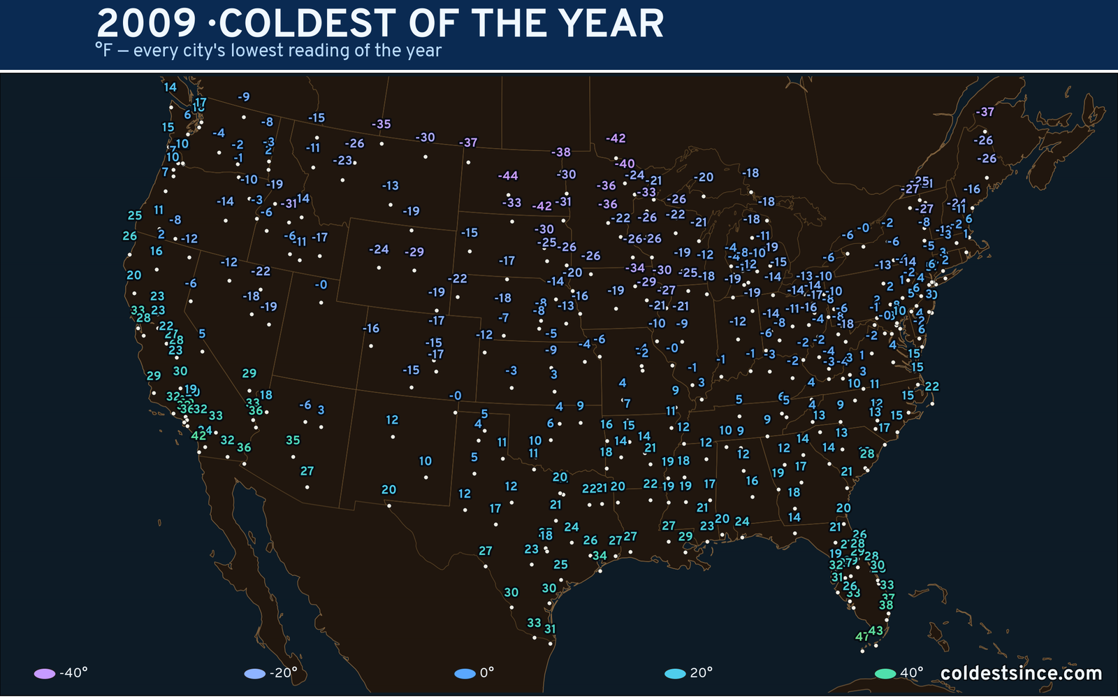 2009 — hottest and coldest temperature at each U.S. city