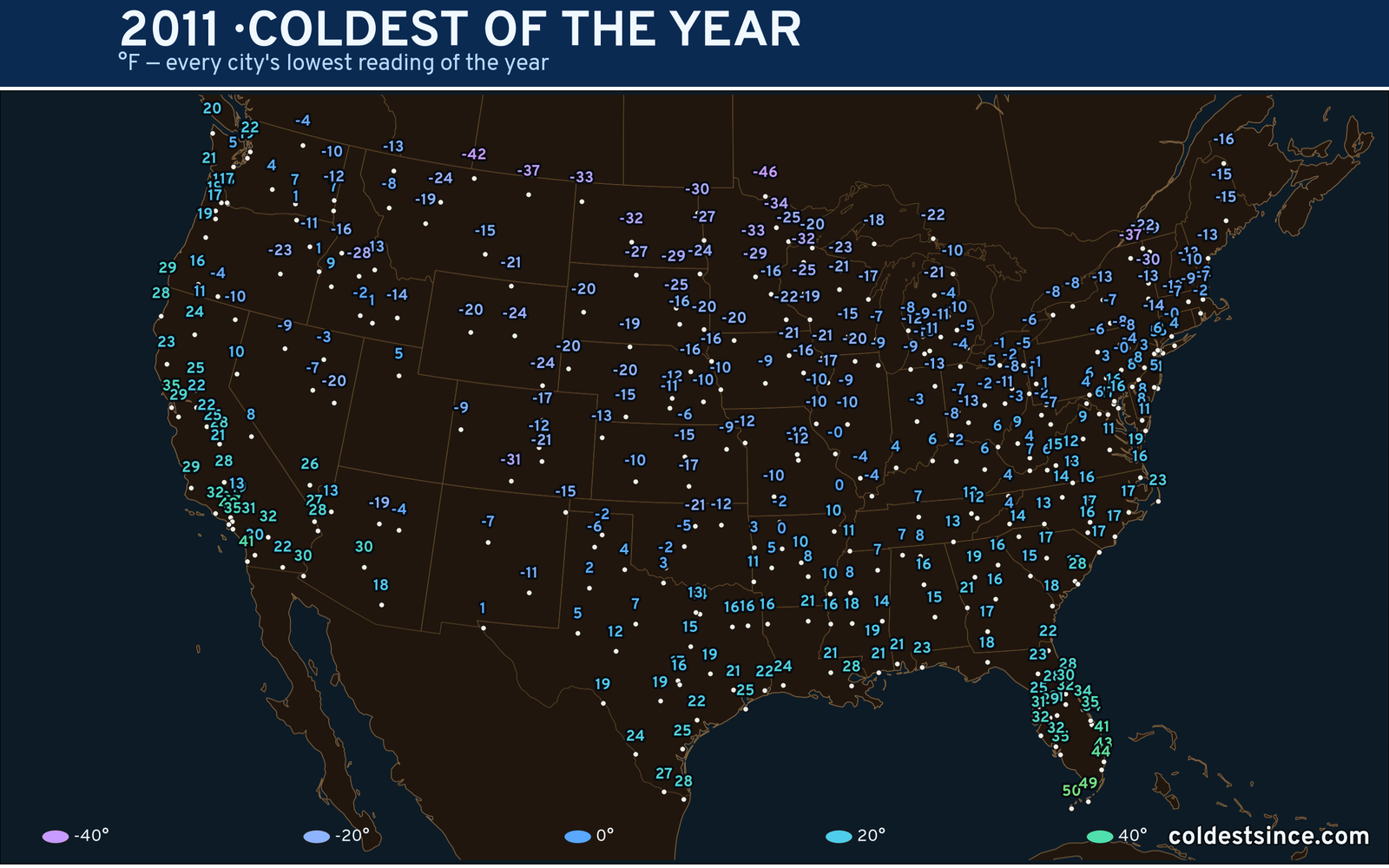 2011 — hottest and coldest temperature at each U.S. city