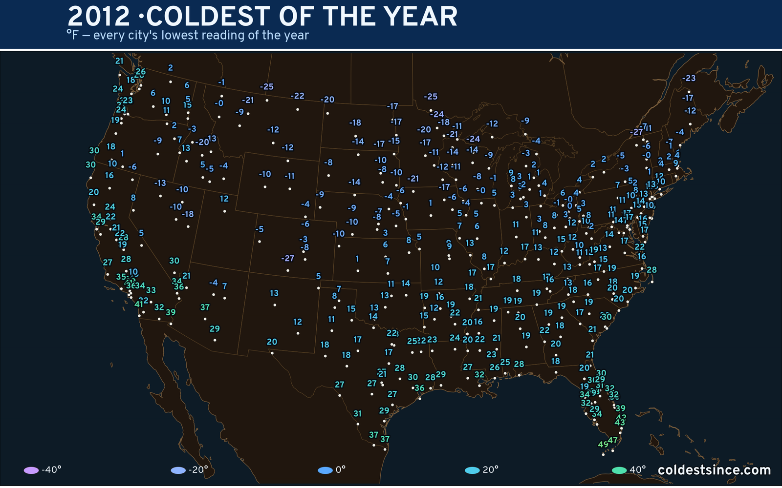 2012 — hottest and coldest temperature at each U.S. city