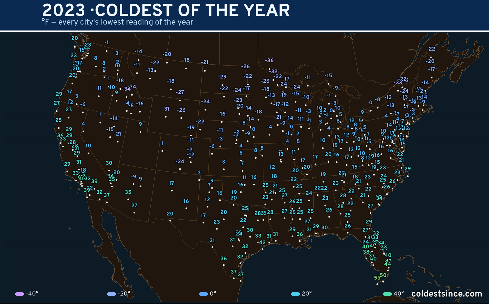 2023 — hottest and coldest temperature at each U.S. city